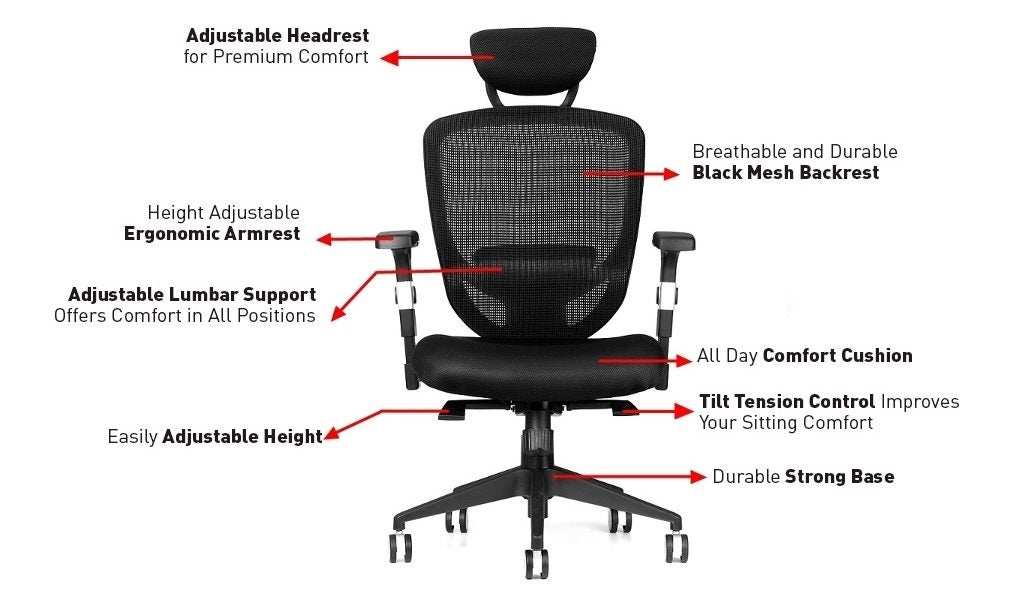 Moustache® Ergonomic High-Back Mesh Office Chair with Adjustable Height -  Black